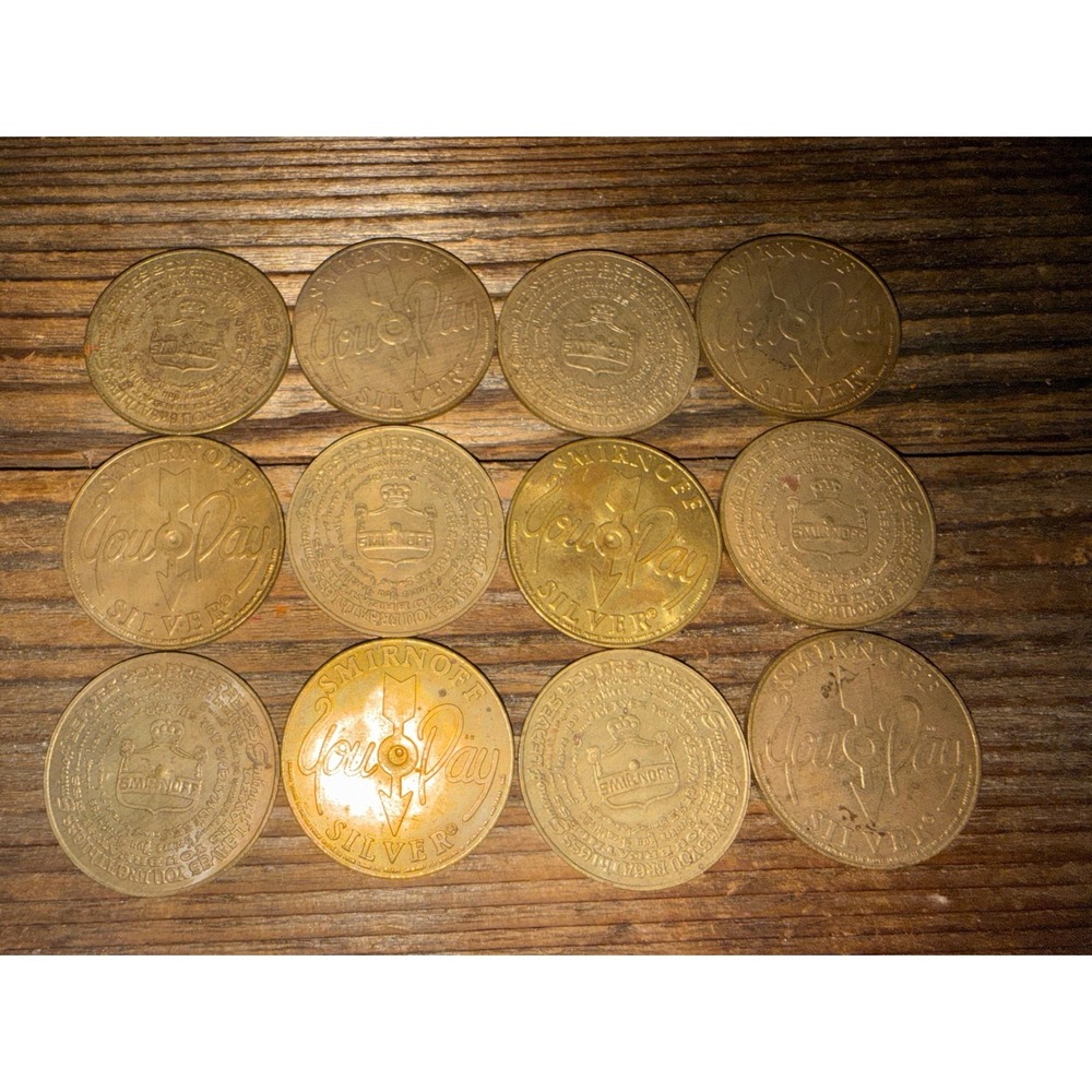 VTG 1970s Smirnoff Silver You Pay Spinner Coins Brass Barware Novelty Lot of 12